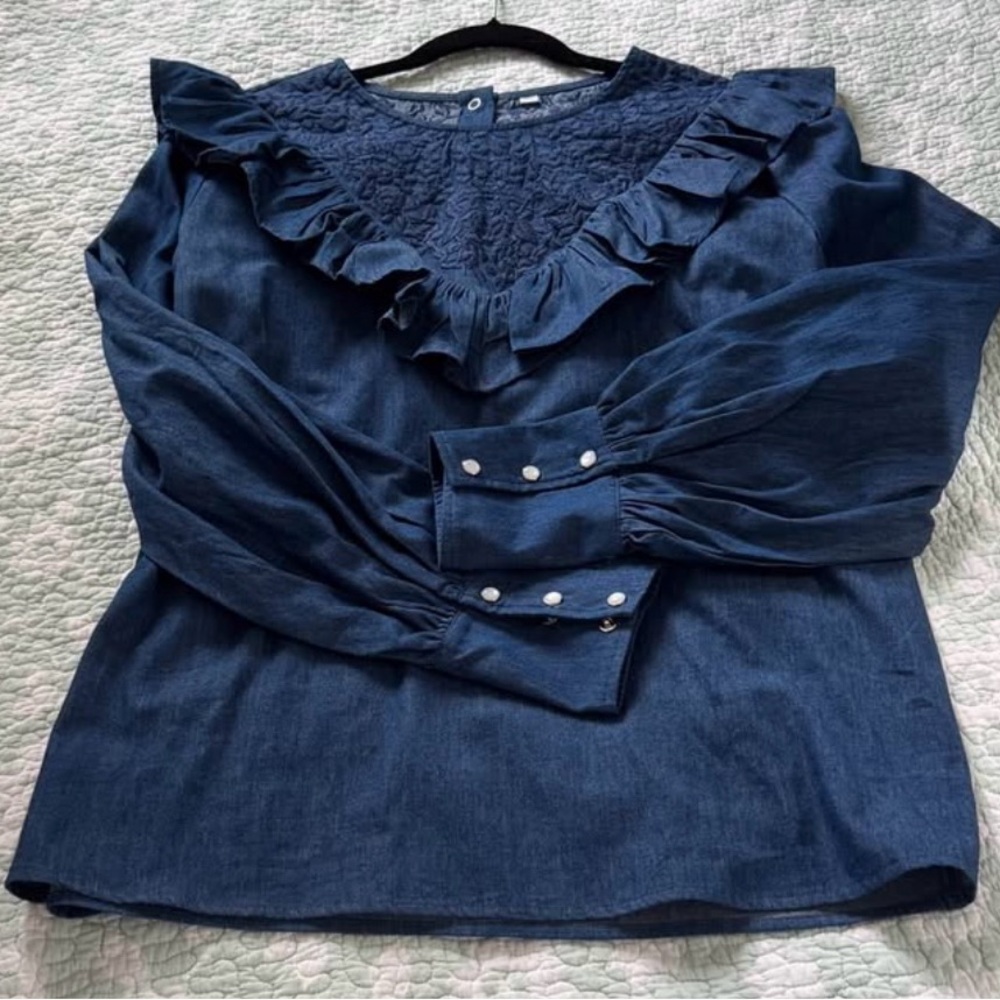 NWOT Navy Ruffle Yoke Long Sleeve Blouse